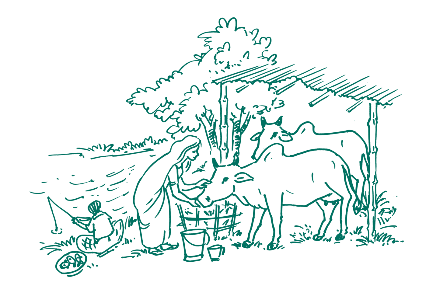 A woman tending cattle beneath a tree