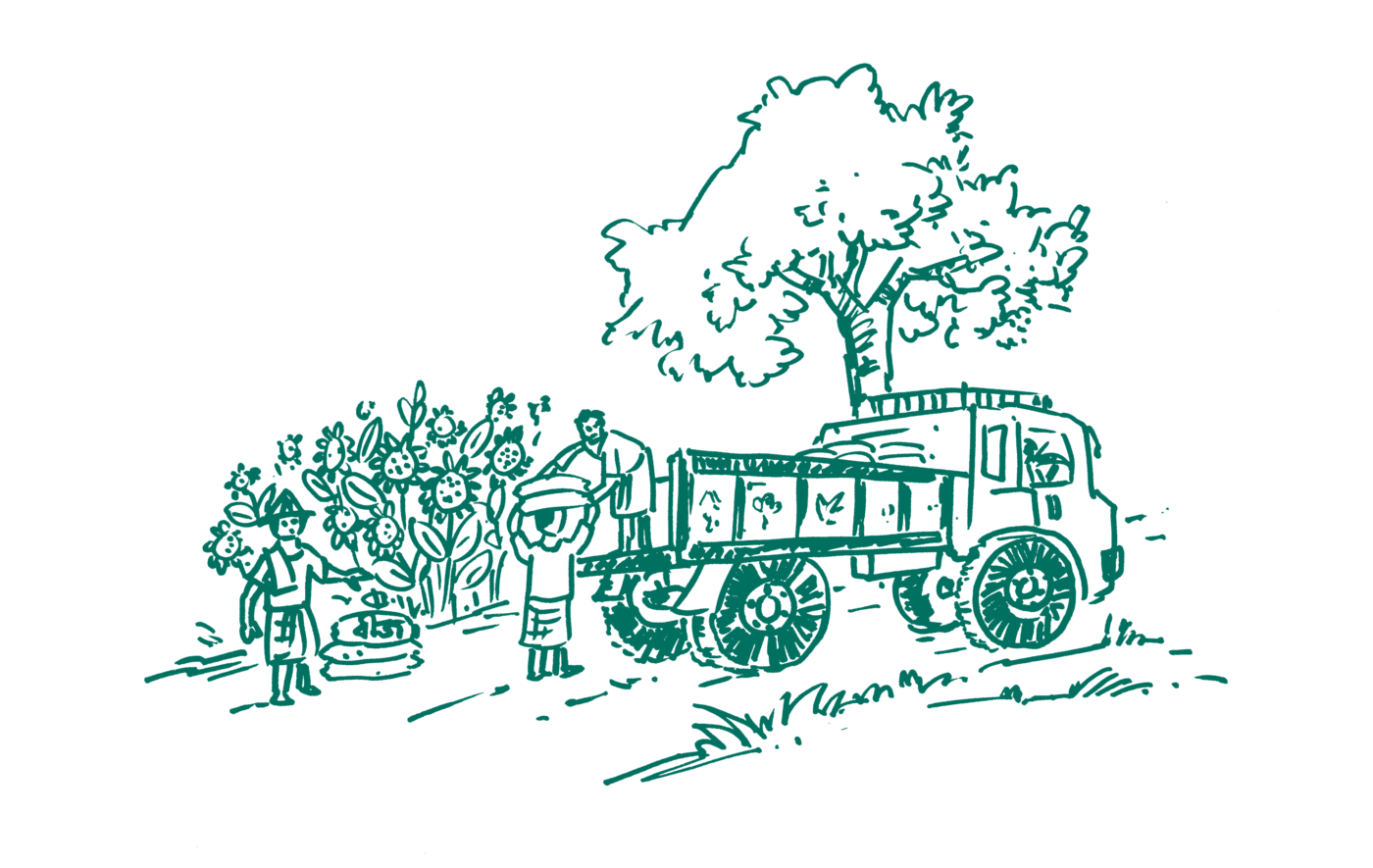 A truck loaded with harvested produce beside a tree