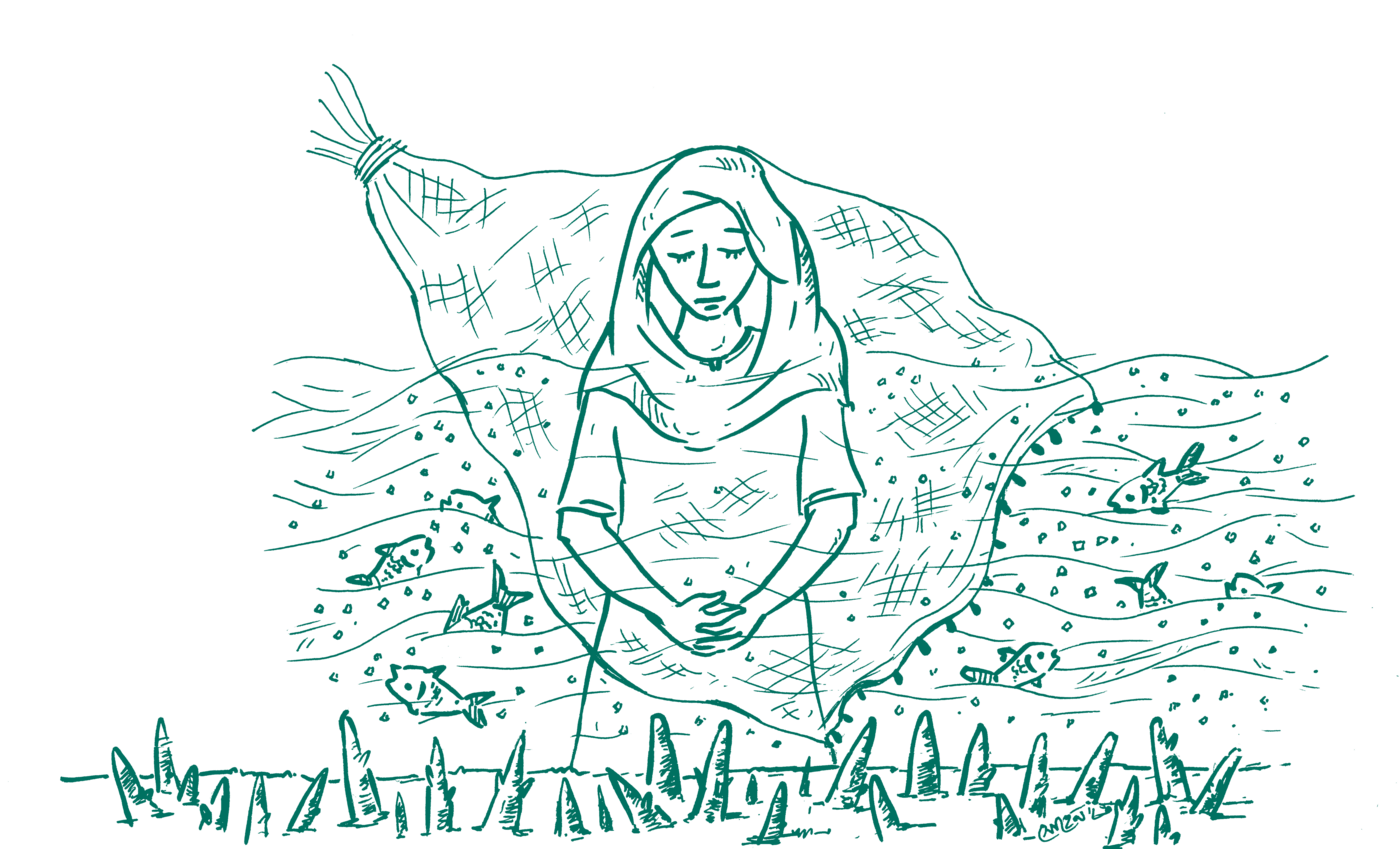 A woman gathering fish from a net